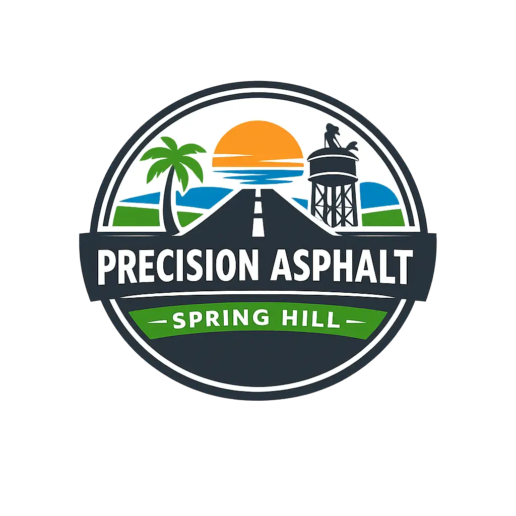 Precision Asphalt Spring Hill company logo with roadway, palm tree, and water tower icon